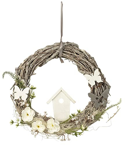 Couronne de porte moderne en osier avec décoration florale, papillon et nichoir de 30 cm