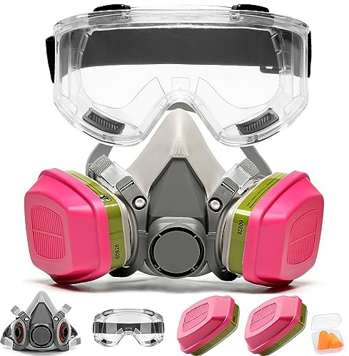 RANKSING Masque respiratoire professionnel 6200 réutilisable avec lunettes de protection et cartouches filtrantes 60926 pour poussière de peinture et formaldéhyde ponçage, polissage et autres travaux