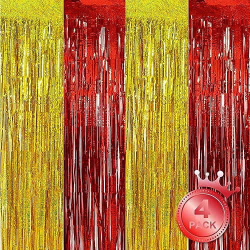 BEISHIDA 4 Pcs Red and Gold Party Streamers Fringe Foil Curtain Backdrop Tinsel Background Party Decoration for Door Wall Graduation Birthday Wedding Anniversary Christmas Party Decoration