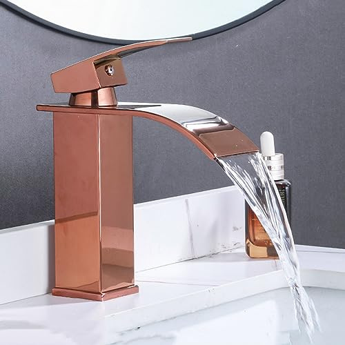 Wasserfall Wasserhahn Bad 1-Loch-Einzelgriff Waschtischarmatur für Bad Edelstahl Wasserhahn für Waschbecken,Roségold,kurz