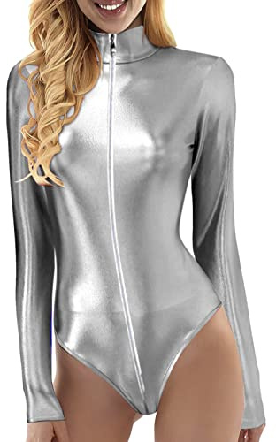 Damen Glänzende Ballettanzug Ballettbody Sport Tanz Body Gymnastikanzug Trikot Langarm Bodysuit Metallic Wetlook Einteiler Turnanzug Leotards Overall Lack Leder Oberteile Tops Kostüm weich