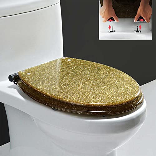 Glitzernder Toilettensitz mit Absenkautomatik, langsam schließender Toilettensitzbezug, glitzernder Harz-Toilettensitz, Badezimmer-Toilettendeckel mit Befestigungssystem oben und unten, oval, Gold