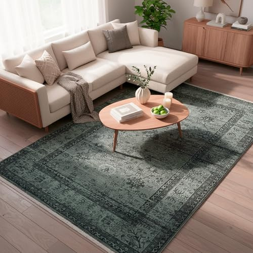 TESSO LIVING Moderner Vintage Boho Teppich - Grün 230 x 320 cm - Maschinenwaschbar und rutschfest Kurzflor Teppich - bringt Wärme in Wohnzimmer und Schlafzimmer