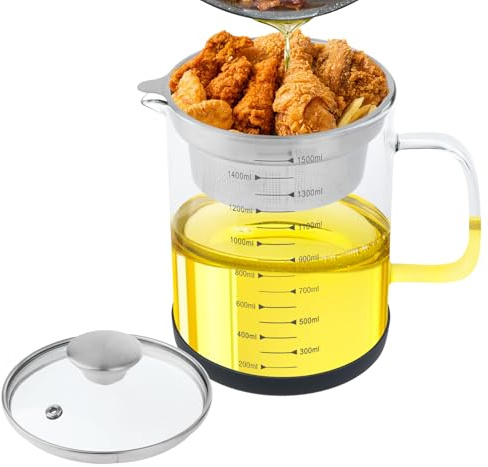 QLoztyse Glass Bacon Grease Container with Strainer - Used Cooking Oil Saver Storage Can With Lid and Filter for Kitchen 1.5L/50 OZ Containers Storing Frying Grease