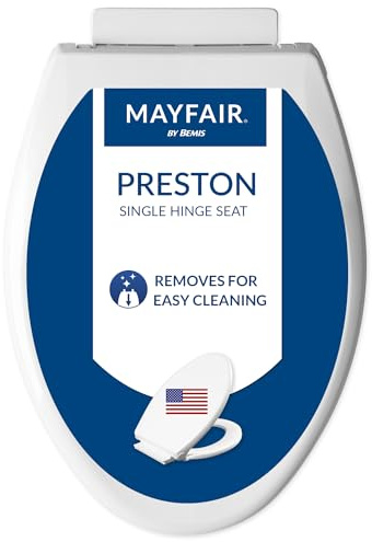 Mayfair Preston Easy to Clean Single Hinge Toilet Seat, Modern Slow Close Plastic Toilet Seat, Made in USA, Elongated, White