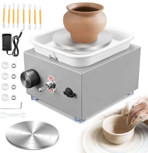 Töpferscheibe, Kooeuru Töpferscheibe Elektrisch 2000 U/min Einstellbare Geschwindigkeit, Pottery Wheel mit 10/6,5 cm Großen Platten, Formwerkzeugen, Töpferscheibe Kinder und Erwachsene (Grau)