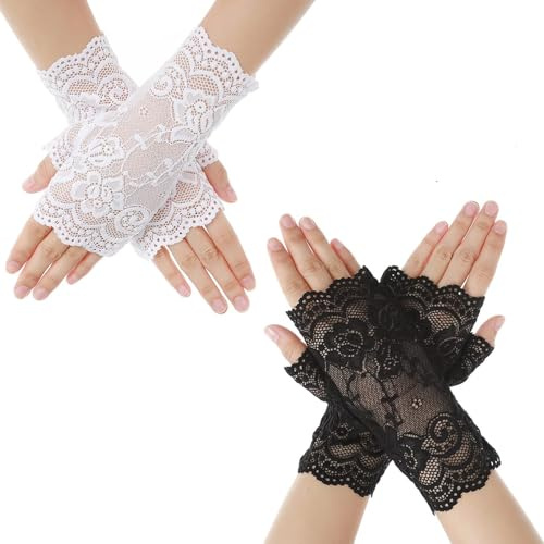Gants Courts en Dentelle Pour Femme, Gants en Dentelle pour Femmes, 2 Paires Lace Fingerless Gloves, Femmes Gants Courts en Dentelle, pour Mariée Halloween Costume Cosplay Fête Opéra Carnaval