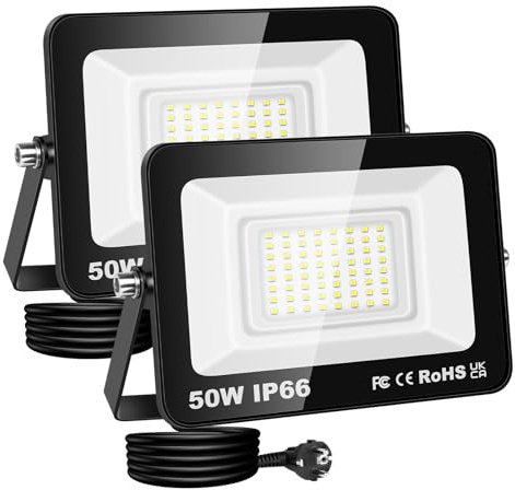 RIGIDON Led utomhusstrålkastare, 2x 50W 5000LM strålkastare med stickpropp, nätdriven säkerhetsbelysning, uteplats för garagegård, uteplats, vattentät verkstad arbetsplats Arbetslampa, 6000K kallvit