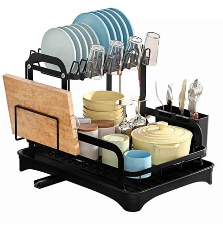 JUSHZ Escurreplatos sobre Fregadero Escurridor De Platos Escurre Platos para Muebles De Cocina Portavasos Estante para Tablas De Cortar Bandeja De Drenaje Cesta para Cubiertos (Black,42X30X32CM)