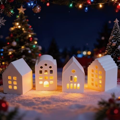 Mini Lichthaus Kerzenhalter für Weihnachten, Mini Lichthaus Gips Kerzenhalter für Weihnachtsdeko, Weihnachtslaterne LED, Dekorative Teelichthaus Gips Windlicht Set von 4 für Room Wohnzimmer