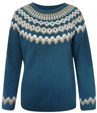 Women's Jumpers Long Sleeve Crewneck Loose fit Knitted Icelandic Ladies Norwegian Fair Isle Jumpers Sweaters for Women (JN, M)