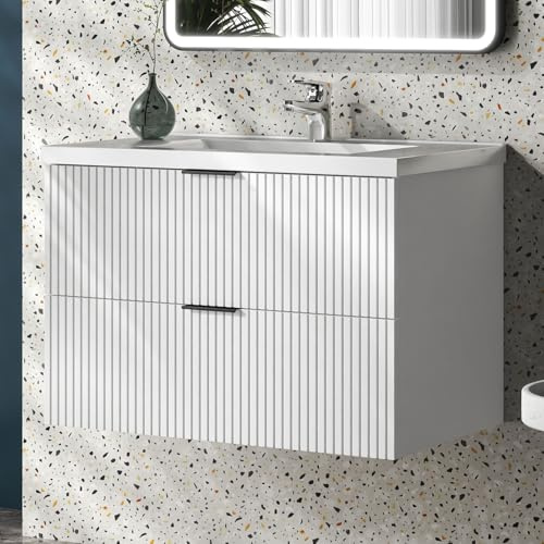 Aica Sanitär Waschtisch mit Unterschrank 80cm Riva Badmöbel Set Weiß Keramik Dick Waschbecken mit Unterschrank MDF Softclose