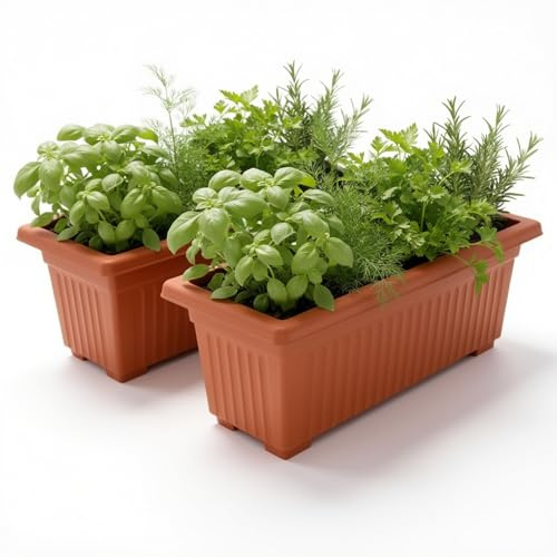 SIDSONS 70cm 2x Long Garden Planter Raised Plant Pot - Terracotta Windowsill Patio Large Plastic Trough for Plants, Herbs, Flowers, Small Bushes Window Box Rippled Effect, Optional Drainage Holes