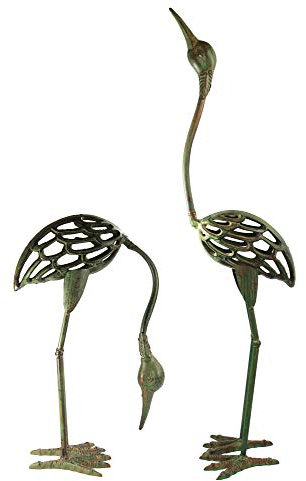 Seraphic Cast Iron Metal Crane/Heron Bird Garden Sculptures Statues for Indoor or Outdoor Lawn Decor, Antique Green, Set of 2
