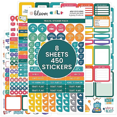 bloom daily planners Travel Planner Stickers - 8 Sheets / 450 Stickers - Adventure Variety Pack for Trip Planning, Scrapbooking, Calendar Decorating, Vacation Journaling - Colorful Icons & Quotes