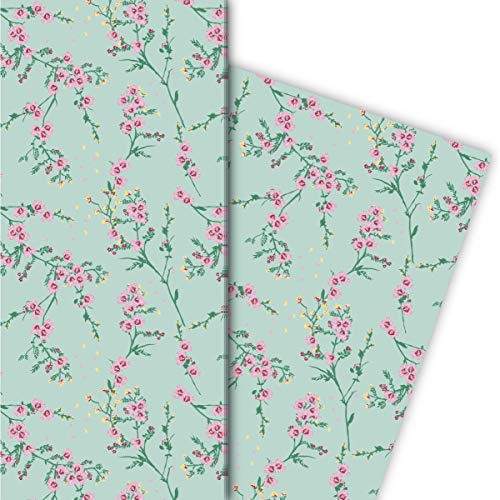Kartenkaufrausch Zartes Blumen Geschenkpapier Set mit Hibiskus Blüten-Zweigen, mint • tolle Geschenkverpackung 32 x 48cm, 4 Bögen für Geburtstage, Hochzeit, Weihnachtsgeschenke, Dekorpapier