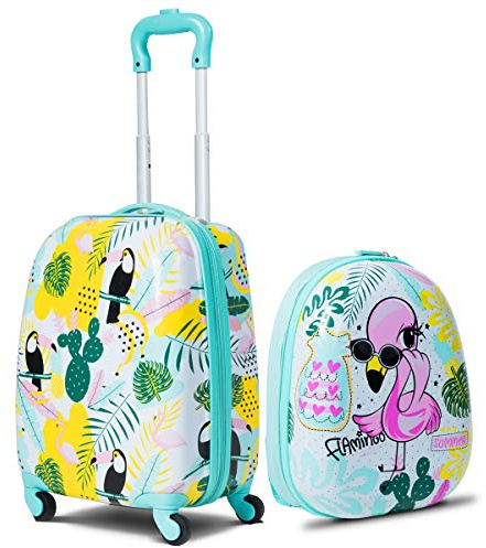 GOPLUS barnväska 2 TLG. med ryggsäck barn reseväska set barn Trolly barn bagage (flamingo)