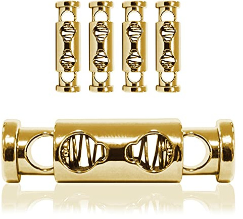 Ganzoo Kordel-Stopper aus Metall, 4 Stück Set, Kordel-Klemme gerade Form mit Doppelloch, Farbe Gold, 36x10 mm, Loch 5 mm, für Kordelzug an Jacken, Taschen, Schuhe