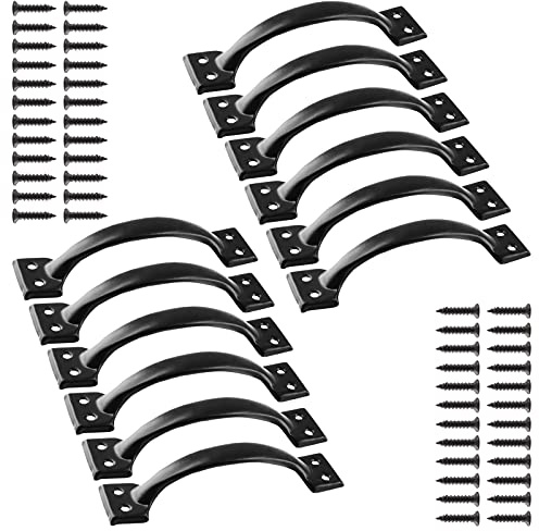 Jiozermi 12 Pcs 4 Rustic Gate Handle, Iron Hardware Handle Pull with Screw, Vintage Farmhouse Cabinet Handles, Retro Drawer Pulls for Outdoor, Garage & Drawer, Black