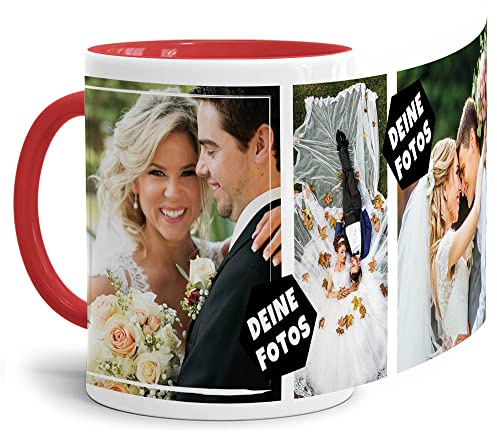 Foto-Tasse zum selbst gestalten mit Foto-Collage für 3 Wunschfotos - Geschenk für Familie, Freunde, Geburtstag, Weihnachten - Keramik Innen & Henkel Rot, 300 ml I Personalisiert