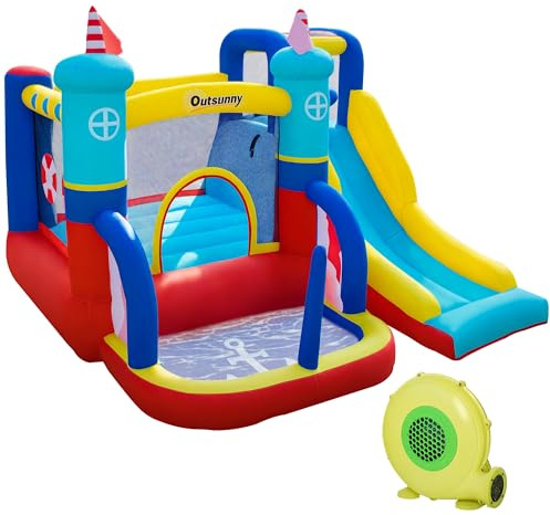 Outsunny Château Gonflable avec Toboggan Trampoline Piscine et Mur d'escalade jusqu'à 3 Enfants +3 Ans avec souffleur 450W et Sac de Transport 265 x 260 x 200 cm Multicolore