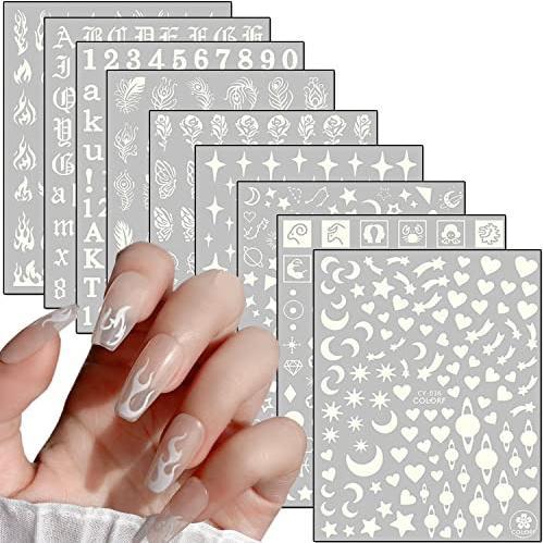 Luminous Nail Art Stickers, Flowers Butterfly Flame Stars Letters Love Heart Nail Adhesive Sticker, Holographic Fluorescent Nail Art Decals Design for Women Girls Manicure Glow in The Dark Decoration