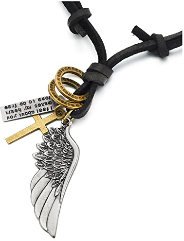 COOLSTEELANDBEYOND Retro-Stil Engelsflügel Anhänger Herren Damen Halskette mit Verstellbaren Schwarz Lederband