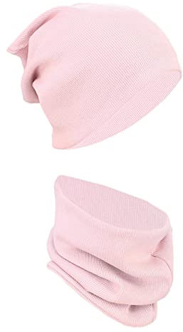 Alkato Unisex Beanie Mütze und Schal Set Uni, Farbe: Rippstoff Puderrosa, Größe: Einheitsgröße