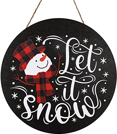 Whaline Weihnachten Schneemann Holz Hängeschild Let It Snow Türhänger Winter Urlaub Willkommen Haustür Dekoration für Zuhause Indoor Outdoor Bauernhaus Wandfenster, 30,5 cm