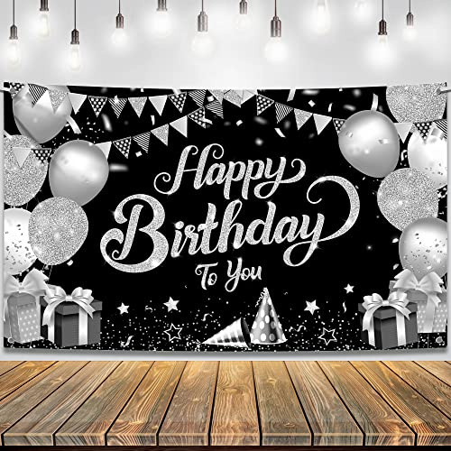 KatchOn, Schwarz Silber Happy Birthday Banner Geburtstagsdeko – groß, 180 x 110 CM | Happy Birthday Banner für Frauen | Schwarz weiß silberne Happy Birthday Dekorationen, Happy Birthday Girlande | Happy Birthday Dekorationen für Männer, Frauen, Jungen und Mädchen, Geburtstags-Hintergrund für silberne Partydekorationen