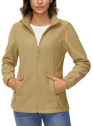 TACVASEN Women's Soft Fleece Jacket Lightweight Full Zip Sweatshirts Coat Casual Winter Warm Sweaters with Pockets Khaki,S