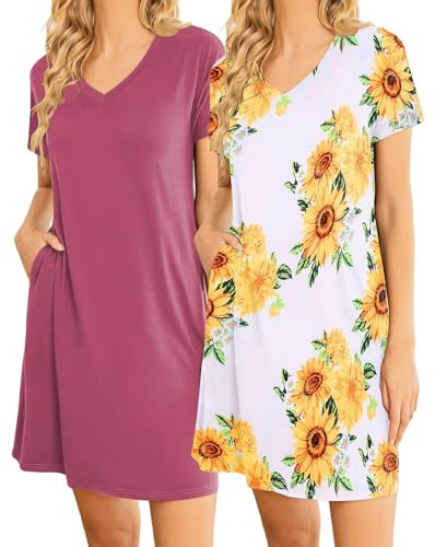 Ekouaer 2-pack nattlinne för damer, kortärmad sovskjorta, V-ringad nattklänning, tryck, sovskjorta, tvådelad nattklänning, stora nattkläder med fickor, Rosa + solros, L