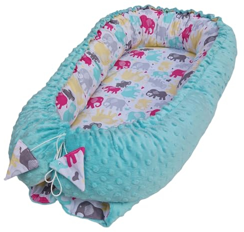 Leanbe Babynest 90x50 cm – Baby Nest - Nestchen für Neugeborene aus Baumwolle & Polyester – Kuschelnest, ideal für Herbst & Winter – Babybett für Indoor & Outdoor (Blau & Bunte Elefanten)