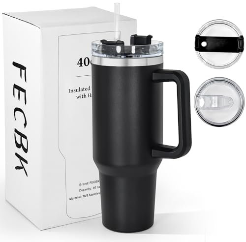 FECBK 40oz Tumbler with Straw and Lid 1.2L, 100% Leak-Proof Travel Mug with Handle, Stainless Steel Vacuum Insulated Water Bottle Coffee Cup Keeps Cold 34H / Hot 12H, Black