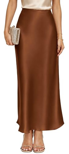 VividMosaic 2025 Satin, hohe Taille, Maxirock, Seide, A-Linie, Frühling, Sommer, lässig, Lange Röcke für Damen, braun, L