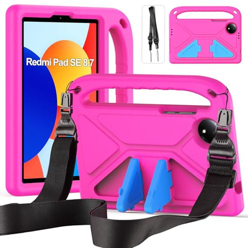 RollinCase Custodia per Xiaomi Redmi Pad SE 8.7 Pollici 4G 2024, Leggera Antiurto Cover per Bambini con Cavalletto e Spallacci per Redmi Pad SE 8.7‘’, Magenta