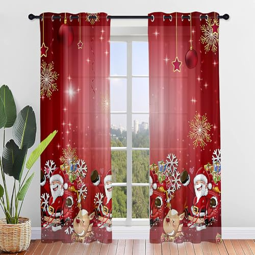 Odot 2 Piezas Cortinas Salon Navidad Roja Translucidas con Ojales, Cortina Visillos de Estampado Papá Noel 3D, Cortina Decorativas Navideña para Dormitorio Cocina Ventana (140x244cm,Estilo B)