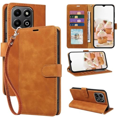 GOTOURED for Honor X6b Phone Case Wallet, RFID Blocking 4 Card Slots, Wrist Strap, Kickstand, Magnetic Closure, Shockproof Protective Soft Leather Flip Cover (Brown)