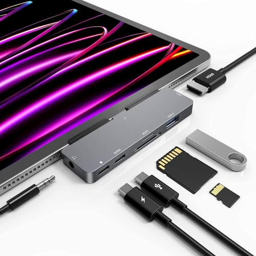 iPad Pro M4/M2/M1 13/11/12.9, iPad Air 5, adaptateur 7 en 1 – HDMI 4K 60 Hz, prise casque 3,5 mm, USB 3.0, chargement et données USB C, lecteur de carte SD/Micro SD
