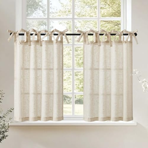 TOPICK 2er Set H 60 x B 65 (cm) Scheibengardinen Küche Beige Leinen Bistrogardine mit Bindebändern Küchengardinen für Balkontür Wohnwagen Landhausstil Bauernhaus Gardinen Kurz Lichtdurchlässig