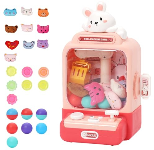 Maycoly Claw Machine Mini Arcade Machine Toy with 10 Dolls 10 Twist Claw Machine Toys Mini Doll Grabber with Light and Music Interactive Toy Crane Game for Kids Boys and Girls 3+ Pink