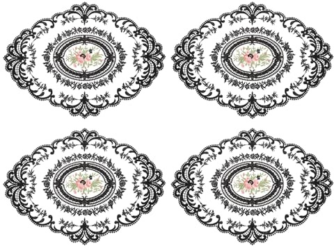 QUARKZMAN 4 Stück Retro Spitzen Tischsets 12x16 Zoll ovale bestickte Tischsets französische Häkeldeckchen Untersetzer für Zuhause Hochzeit, Schwarz