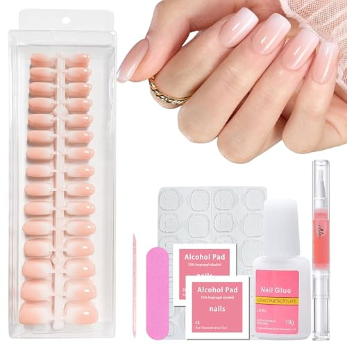 240 Stück Gradient Square Press on Nails Set, Nude Weiß Farbverlauf Künstliche Nägel Zum Aufkleben mit Nagelöl Stift, Natürliches Mittel Ombre Fake Nägel für Frauen DIY (Nude Square)