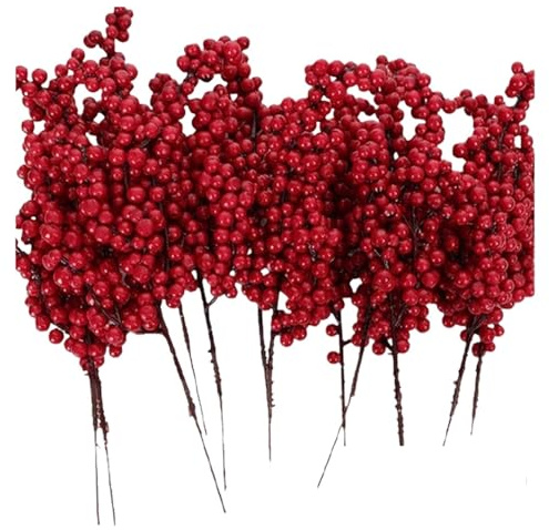 10 bacche artificiali di Natale con gambo di agrifoglio rosso per albero di Natale, Capodanno, decorazione per la casa