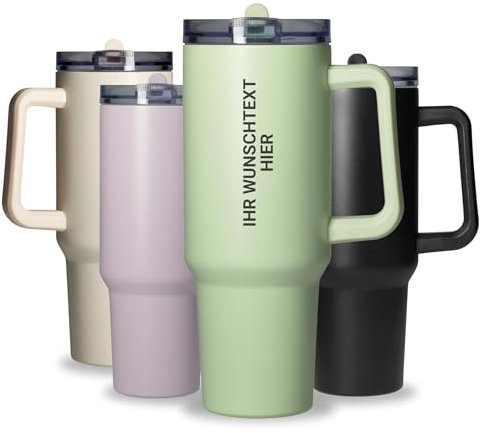 Personalisierter Trinkbecher aus Edelstahl 1,2 L 'Tampa' - Trinkbecher mit Deckel & Strohhalm - Isolierbecher für warme und kalte Getränke - Becher mit Wunschgravur als Geschenkidee, Farbe:grün