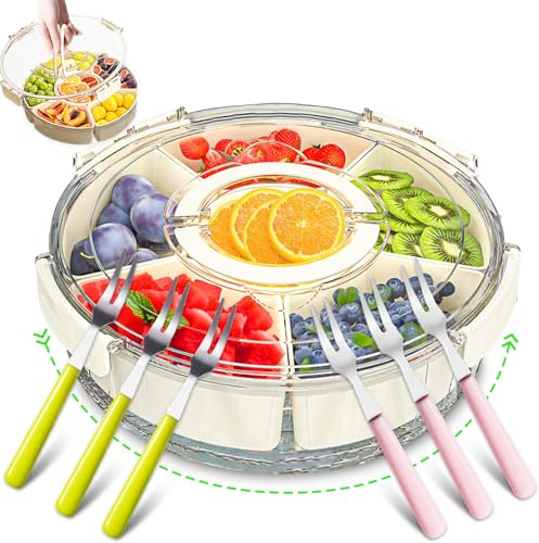 Plstod Snackteller mit Deckel, Snackbox mit Fächern Rund, Snack Spinner mit Griff, Snackbox rund mit 6 Behälter und 6 Obstgabel, 360° Drehbare Tragbare Snack Box für Party, Familien, Picknick