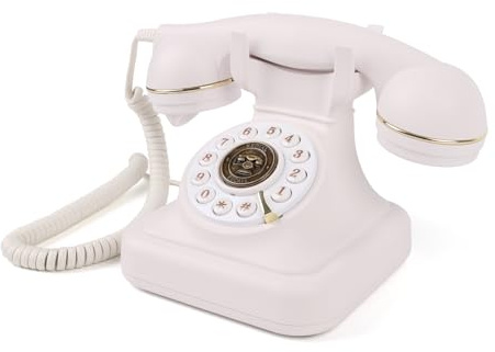 Retro Corded Phone, Corded Home Phones with Push Button, Vintage Phone Landline with Adjustable Ringer Volume and Redial Function, Retro Telephone Phone for Home Office Hotel School (White)