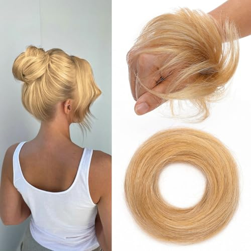 MY-LADY Hair Pieces for Women Messy Bun Real Hair Elastic Easy Scrunchies #18/613 Ash Blonde Mix Bleach Blonde Straight Updo Ponytail Extensions Hair Accessories for Girls 17g