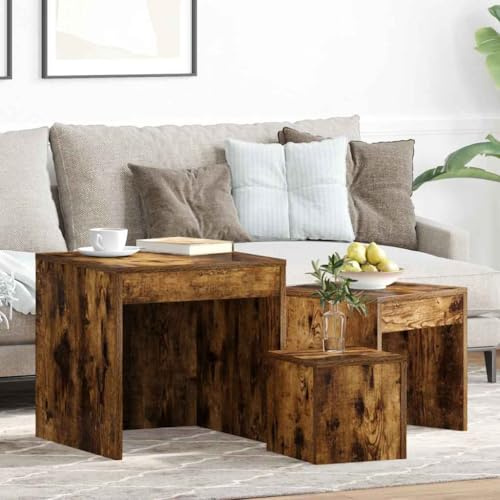 QUAHEAS Satztische 3 STK. Räuchereiche, Holzwerkstoff, Beistelltische für Wohnzimmer, Schlafzimmer, platzsparende Aufbewahrung und modernes Design