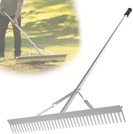 EFUTURETIME 170cm Râteau de Jardin en Aluminium avec Large Tête de 61cm et 24 Dents, Râteau de Paysage Gazon pour Aménager, Ameublir et Niveler Pelouses, Jardins, Graviers
